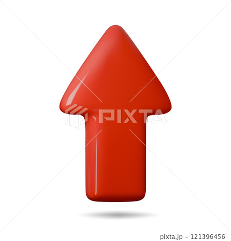 3d Arrow pointing up red color. Realistic 3d render In minimal style. Icon isolated on white background. Vector illustration 121396456