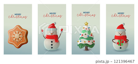 Set 3d modern vertical illustration featuring a snowflake shaped cookie, snowman, Christmas tree on a soft gradient background. With the text Merry Christmas in elegant typography. Vector illustration Set 3d modern vertical illustration featuring a snowflake shaped cookie, snowman, Christmas tree on a soft gradient background. With the text Merry Christmas in elegant typography. Vector illustration 121396467