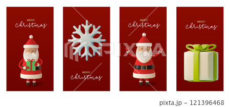 Set of 3d modern vertical illustration featuring Santa Claus, Christmas gift, snowflake on soft red background. With the text Merry Christmas in elegant typography. Vector illustration Set of 3d modern vertical illustration featuring Santa Claus, Christmas gift, snowflake on soft red background. With the text Merry Christmas in elegant typography. Vector illustration 121396468