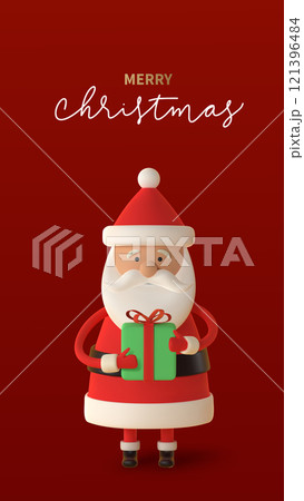 3d Cheerful cartoon Santa Claus holding green gift against a red background, radiating joy and festive vibes. Vector banner for Christmas themed designs. Handwritten Merry Christmas text 3d Cheerful cartoon Santa Claus holding green gift against a red background, radiating joy and festive vibes. Vector banner for Christmas themed designs. Handwritten Merry Christmas text 121396484