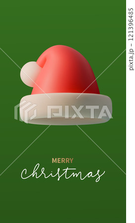 3d minimalist illustration of Santa hat on deep green background, with the text Merry Christmas in elegant typography. Ideal for Christmas cards, decorations. Vector illustration 3d minimalist illustration of Santa hat on deep green background, with the text Merry Christmas in elegant typography. Ideal for Christmas cards, decorations. Vector illustration 121396485