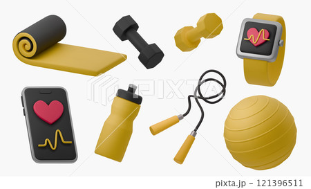 3D vector illustration of fitness equipment, including yoga mat, dumbbells, smartwatch, smartphone, water bottle, jump rope, and gym ball. Bright modern design, ideal for sports and wellness themes 3D vector illustration of fitness equipment, including yoga mat, dumbbells, smartwatch, smartphone, water bottle, jump rope, and gym ball. Bright modern design, ideal for sports and wellness themes 121396511