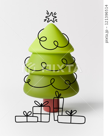 Modern 3D Christmas tree with sleek design, decorated with minimalist line art elements, including gifts and star. Handwritten style adds festive, creative touch. Perfect for holiday ads Modern 3D Christmas tree with sleek design, decorated with minimalist line art elements, including gifts and star. Handwritten style adds festive, creative touch. Perfect for holiday ads 121396514