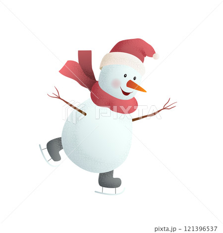 Charming 3D vector illustration of joyful snowman ice skating, wearing red scarf, Santa hat, and skates. Perfect for winter holidays, Christmas cards, and festive designs Charming 3D vector illustration of joyful snowman ice skating, wearing red scarf, Santa hat, and skates. Perfect for winter holidays, Christmas cards, and festive designs 121396537