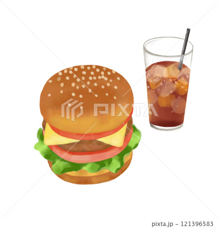 水彩タッチのハンバーガーとコーラのイラストレーション 121396583