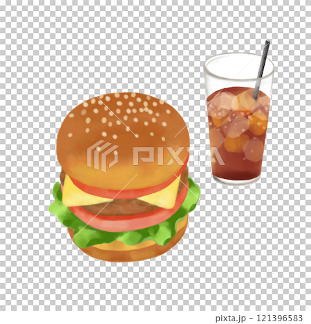 Watercolor illustration of a hamburger and cola 121396583