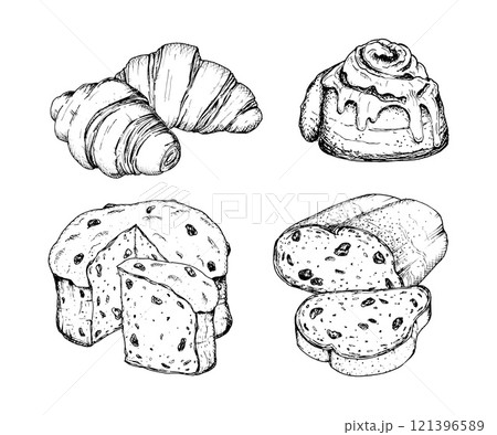Vector illustrations of pastries drawn with black ink. Set of holiday cakes. Christmas European pastries, panettone, stollen, cinnamon bun with sugar icing, croissants. Detailed hand drawn sketches. 121396589