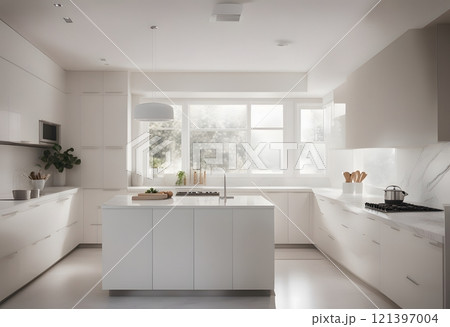 A modern kitchen with a minimalist design featuring pale gray cabinets, a light wooden floor, and marble backsplash. The clean lines and uncluttered surfaces, along with subtle lighting, give the 121397004