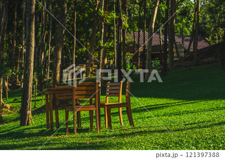travel and people activity concept with camping on grass  with mountain and lake on foreground 121397388