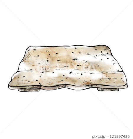 Ceramic plate dish tray beige, for hobby, handmade, food. Hand drawn in watercolor and ink. Isolated illustration for pottery shop logo, art class, print, website, restaurant or cafe menu, booklet. 121397426