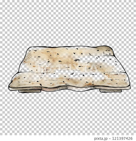 Ceramic plate dish tray beige, for hobby, handmade, food. Hand drawn in watercolor and ink. Isolated illustration for pottery shop logo, art class, print, website, restaurant or cafe menu, booklet. 121397426