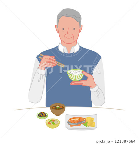 食事をする笑顔のシニア男性（ひとり暮らし） 121397664