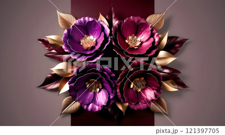 Stylized floral artwork featuring four large purple and magenta flowers with metallic sheen and golden centers. Surrounded by gold and burgundy leaves on a dark maroon-gray gradient background.  121397705