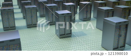 Server room. Server data center. Backup, mining, hosting, mainframe, farm and computer rack with storage information. 3d rendering Server room. Server data center. Backup, mining, hosting, mainframe, farm and computer rack with storage information. 3d rendering 121398010
