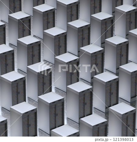 Server room. Server data center. Backup, mining, hosting, mainframe, farm and computer rack with storage information. 3d rendering 121398013