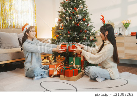 Two friends decorated Christmas tree at home. Two friends decorated Christmas tree at home. 121398262
