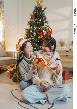 Two friends decorated Christmas tree at home. 121398263