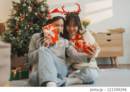 Two friends decorated Christmas tree at home. Two friends decorated Christmas tree at home. 121398266