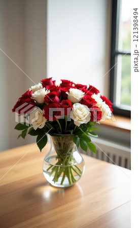 Bouquet of red and white roses in glass vase on wooden table. 121398494