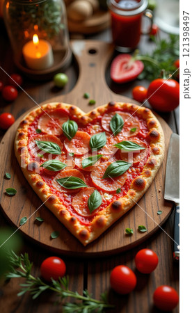 Heart-shaped pizza with basil and tomatoes on wooden board. Heart-shaped pizza with basil and tomatoes on wooden board. 121398497