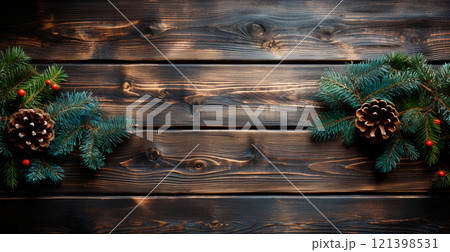 Festive New Year decorations, Christmas wooden background, advertising template - AI generated image Festive New Year decorations, Christmas wooden background, advertising template - AI generated image 121398531