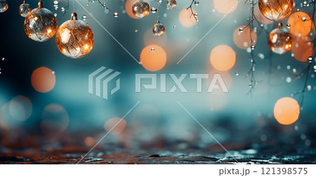 Panoramic Christmas background, light New Year balls on a blurred background - AI generated image 121398575
