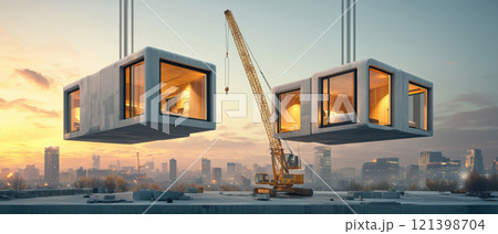 Modular residential project with eco friendly design and urban skyline 121398704