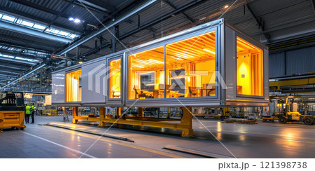 Prefab modular office unit being installed in large industrial space 121398738