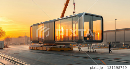 modern modular office unit being installed at sunset, showcasing innovation 121398739