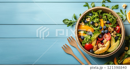 Fresh salad with colorful vegetables and fruits in bowl on blue table 121398840