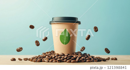 compostable coffee cup surrounded by coffee beans, showcasing eco friendliness 121398841