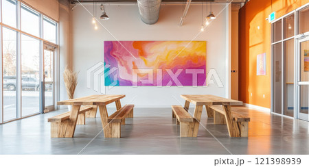 vibrant coworking hub featuring large community tables and bold art 121398939
