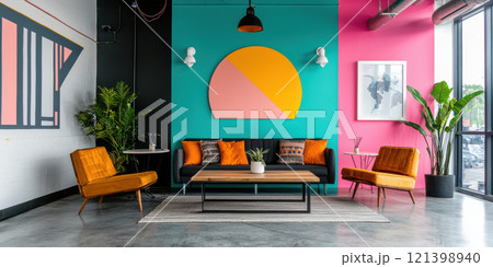 vibrant coworking hub featuring bold art, community tables, and stylish seating 121398940