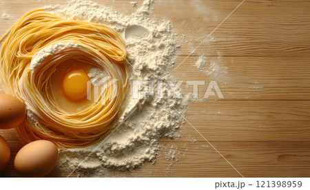 Fresh pasta dough preparation with eggs and flour on wooden surface 121398959