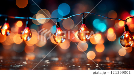 Festive bright colored Christmas garland on blurred bokeh background, New Year banner - AI generated image 121399001