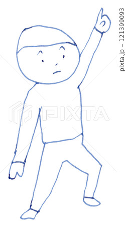 上を指差す子供の線画イラスト手書き_万年筆ブルーブラック染料インク 121399093