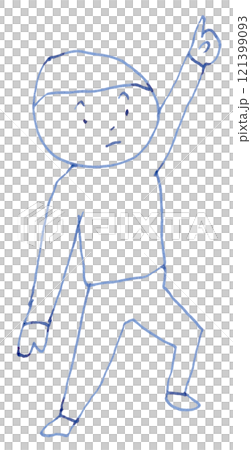 上を指差す子供の線画イラスト手書き_万年筆ブルーブラック染料インク 121399093