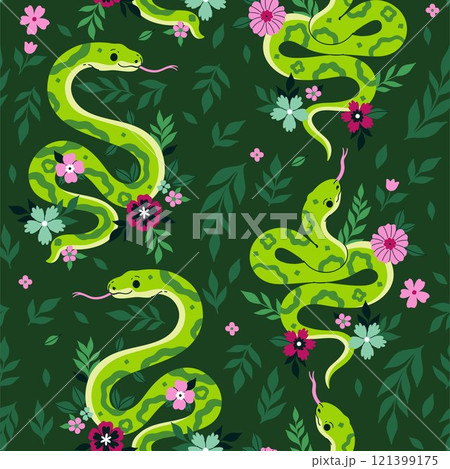 Seamless pattern with green snakes and flowers. Vector graphics. Seamless pattern with green snakes and flowers. Vector graphics. 121399175