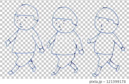 並んで歩く三人の子供の線画イラスト手書き_万年筆ブルーブラック染料インク 121399178