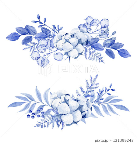 Two watercolor horizontal compositions in blue from cotton, eucalyptus branches, lunaria, dried flowers, fern Two watercolor horizontal compositions in blue from cotton, eucalyptus branches, lunaria, dried flowers, fern 121399248