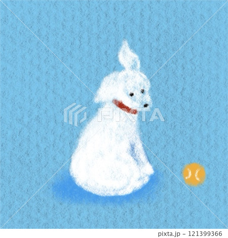 クレヨンで描いたボールで遊ぶ白い犬 121399366