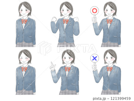 制服を着た女子学生の水彩風イラスト　ポーズ違いセット 121399459
