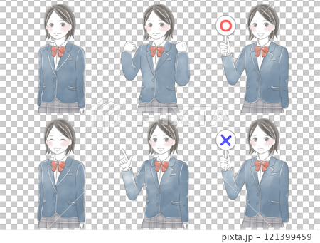 制服を着た女子学生の水彩風イラスト　ポーズ違いセット 121399459