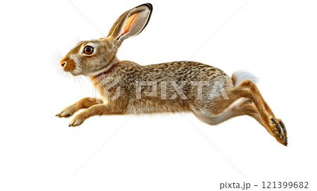Hare leaps gracefully in mid-air against a transparent background capturing natural agility and beauty 121399682