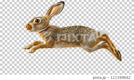 Hare leaps gracefully in mid-air against a transparent background capturing natural agility and beauty 121399682
