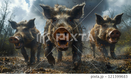 Wild boars charging through a forested area under dramatic skies in a lively, dynamic outdoor setting 121399683