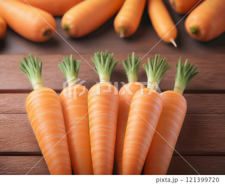 Organic carrots on a rustic wooden table background. AI Generated. 121399720