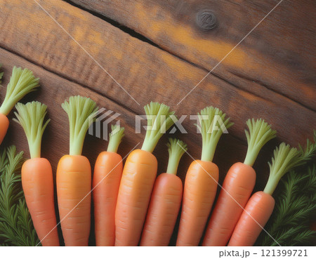 Organic carrots on a rustic wooden table background. AI Generated. 121399721