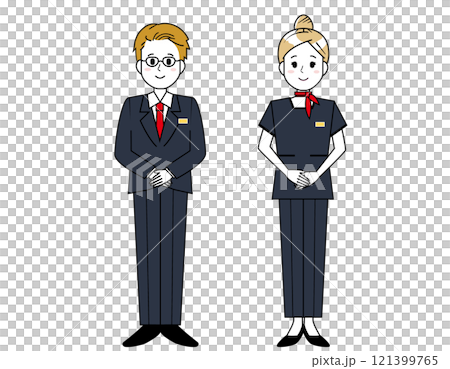 接客をする男性と女性の販売員のイラスト 121399765