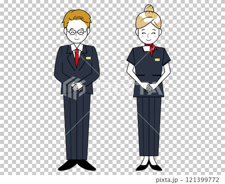 Illustration of male and female sales staff serving customers 121399772